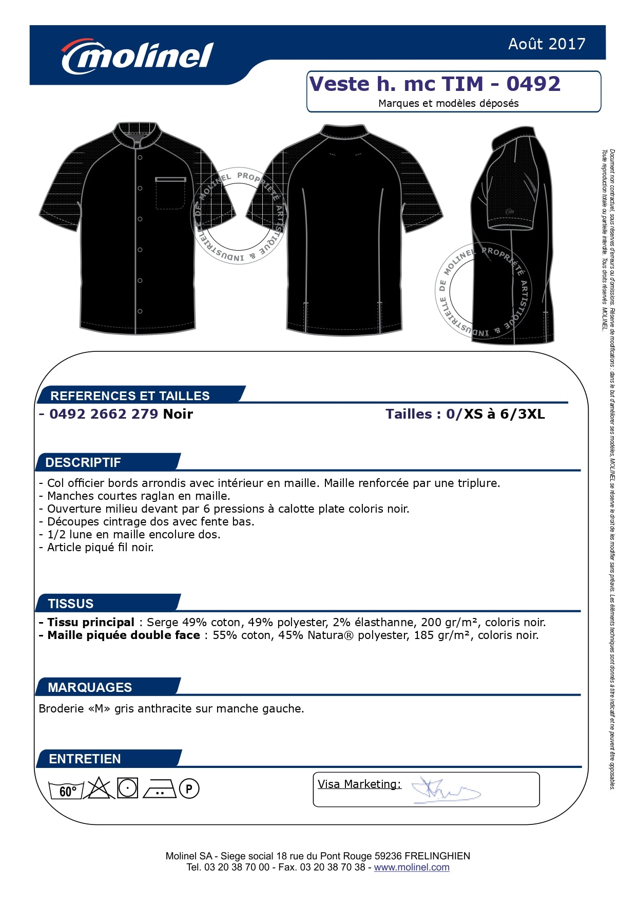 VESTE CUISINE TIM NOIR MANCHE COURTES MOLINEL