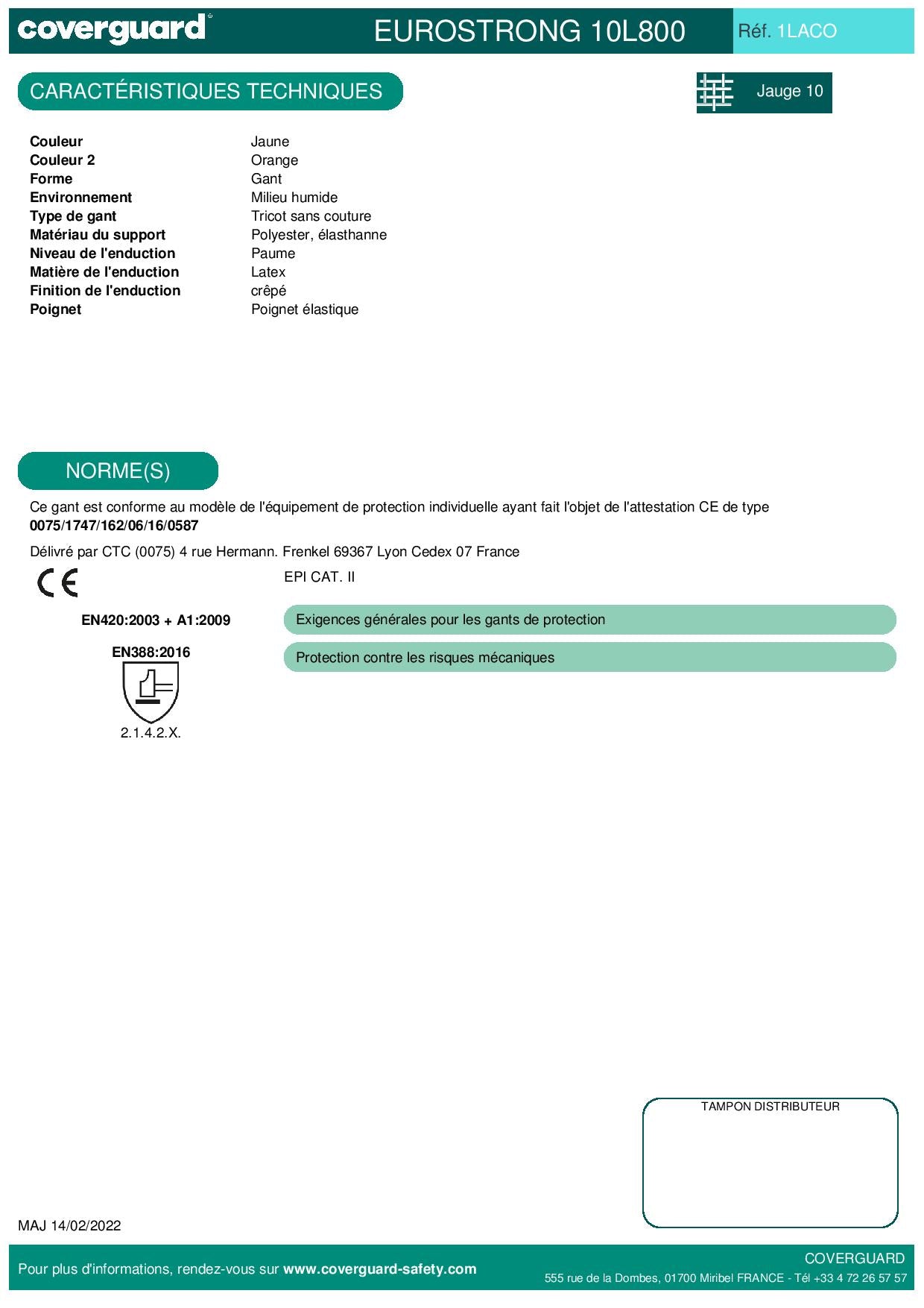 1LACO Gant EUROGRIP 10L800 tricot 10G paume latex adhérisé Manutention générale et lourde