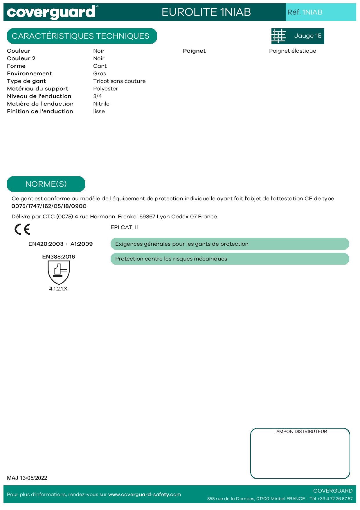 1NIAB Gants polyester noir jauge 13 enduit 3/4 nitrile noir T.09