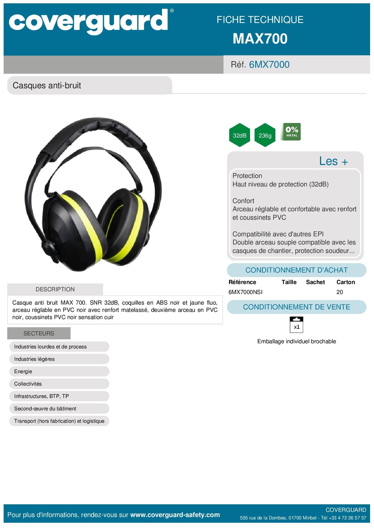 CASQUE ANTI BRUIT MX700 COMPATIBLE CASQUE SECURITE 32DB
