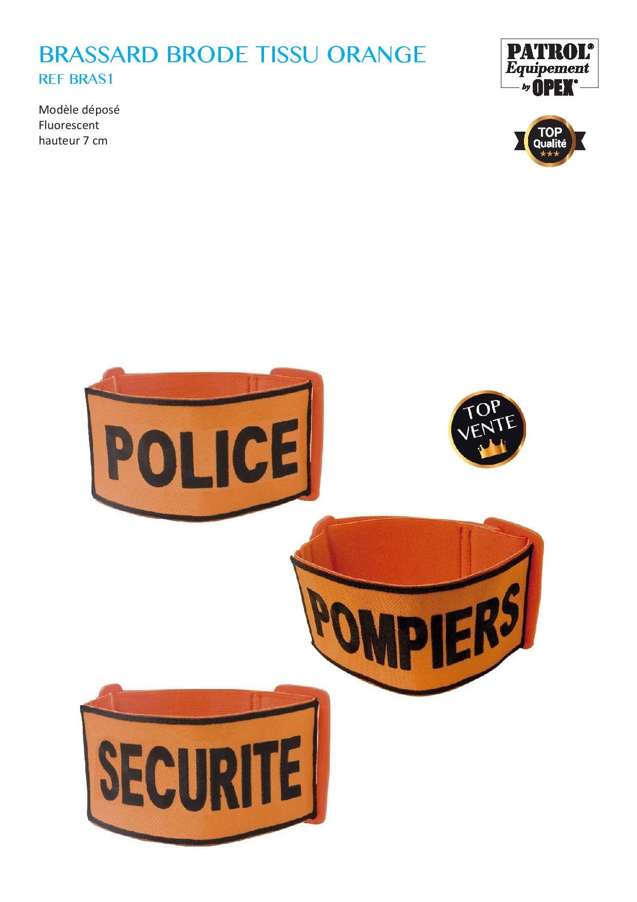 BRAS1 BRASSARD SECURITE BRODE TISSU ORANGE