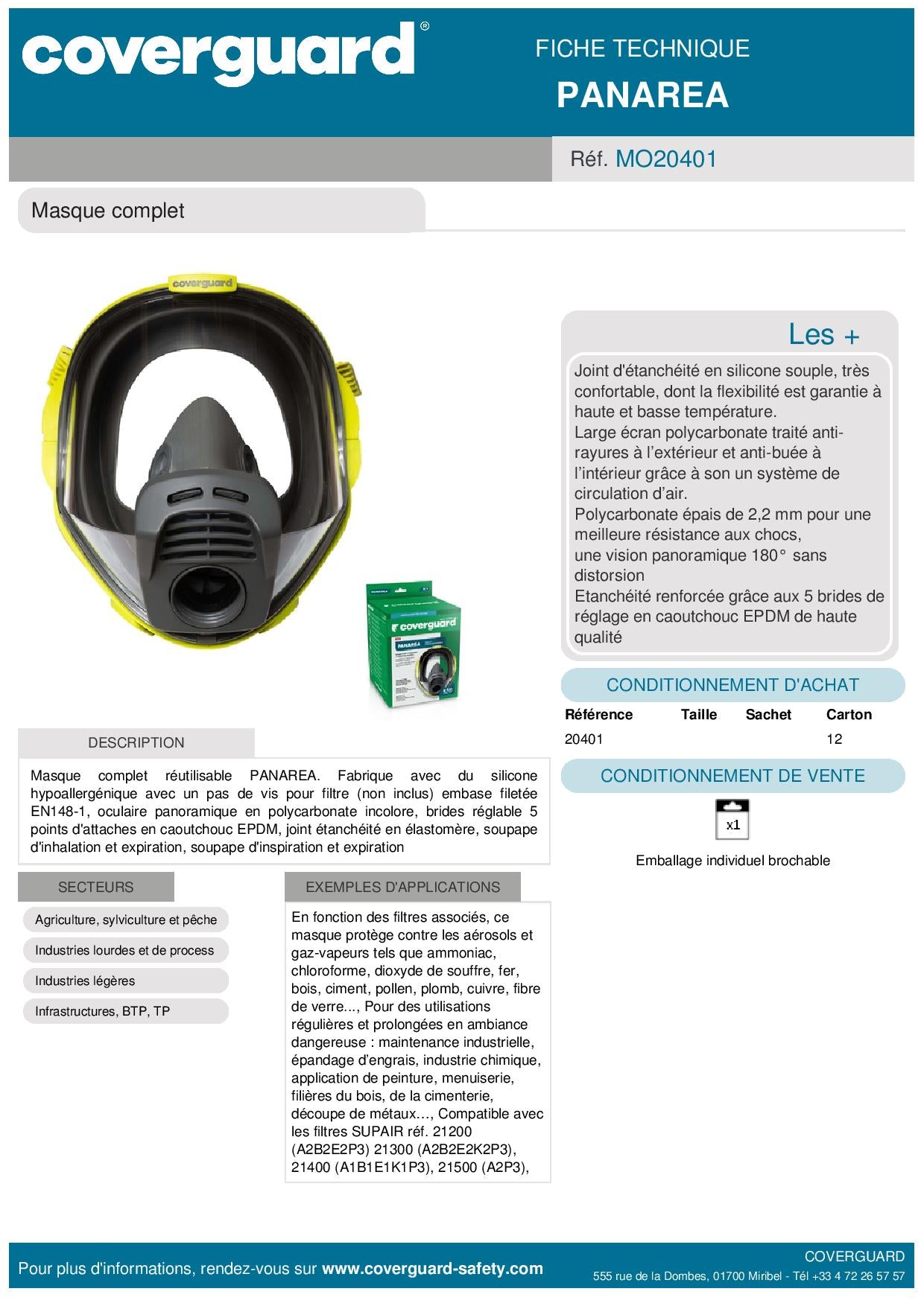 20401 MASQUE RESPIRATOIRE RÉUTILIASBLE PANAREA À VISION PANORAMIQUE EN SILICONE