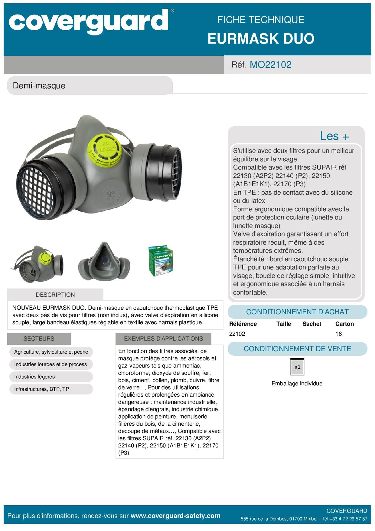 22102 DEMI-MASQUE RÉUTILISABLE EURMASK DUO EN CAOUTCHOUC NATUREL, 2 FILTRES - PAS VIS SPÉCIFIQUE