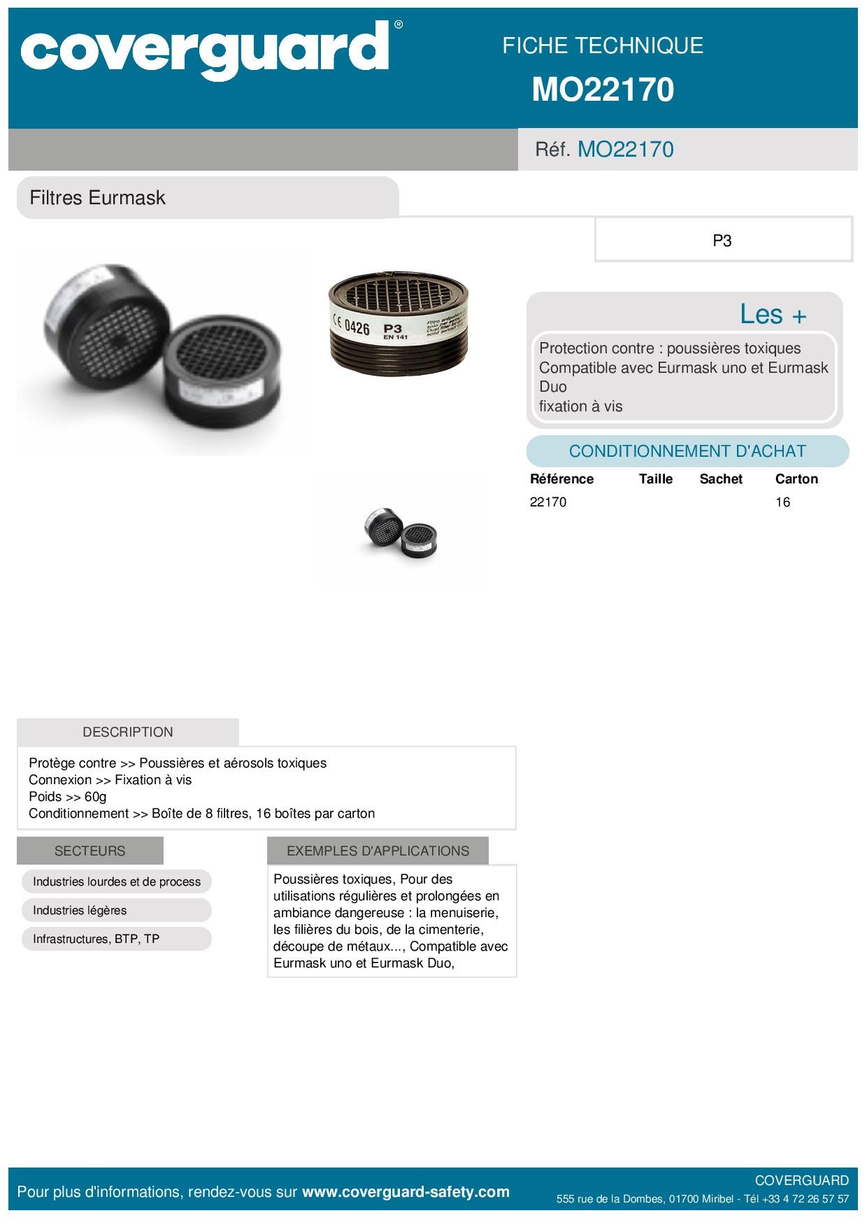 22170 FILTRE P3, POUSSIÈRE TOXIQUE EURMASK UNO/DUO - PAS VIS SPÉCIFIQUE (LOT DE 2 FILTRES)