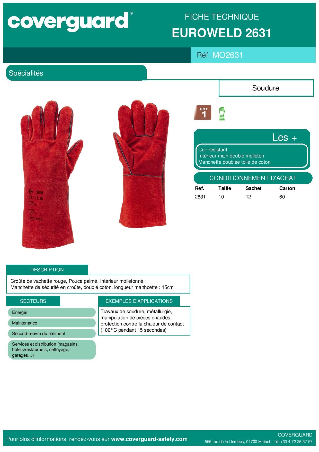 2631 Gants anti-chaleur crte vachette rouge doublé molleton Spécialités Soudure