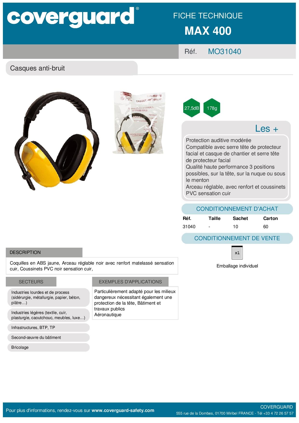 Casque anti-bruit jaune Max 400 27.5dB