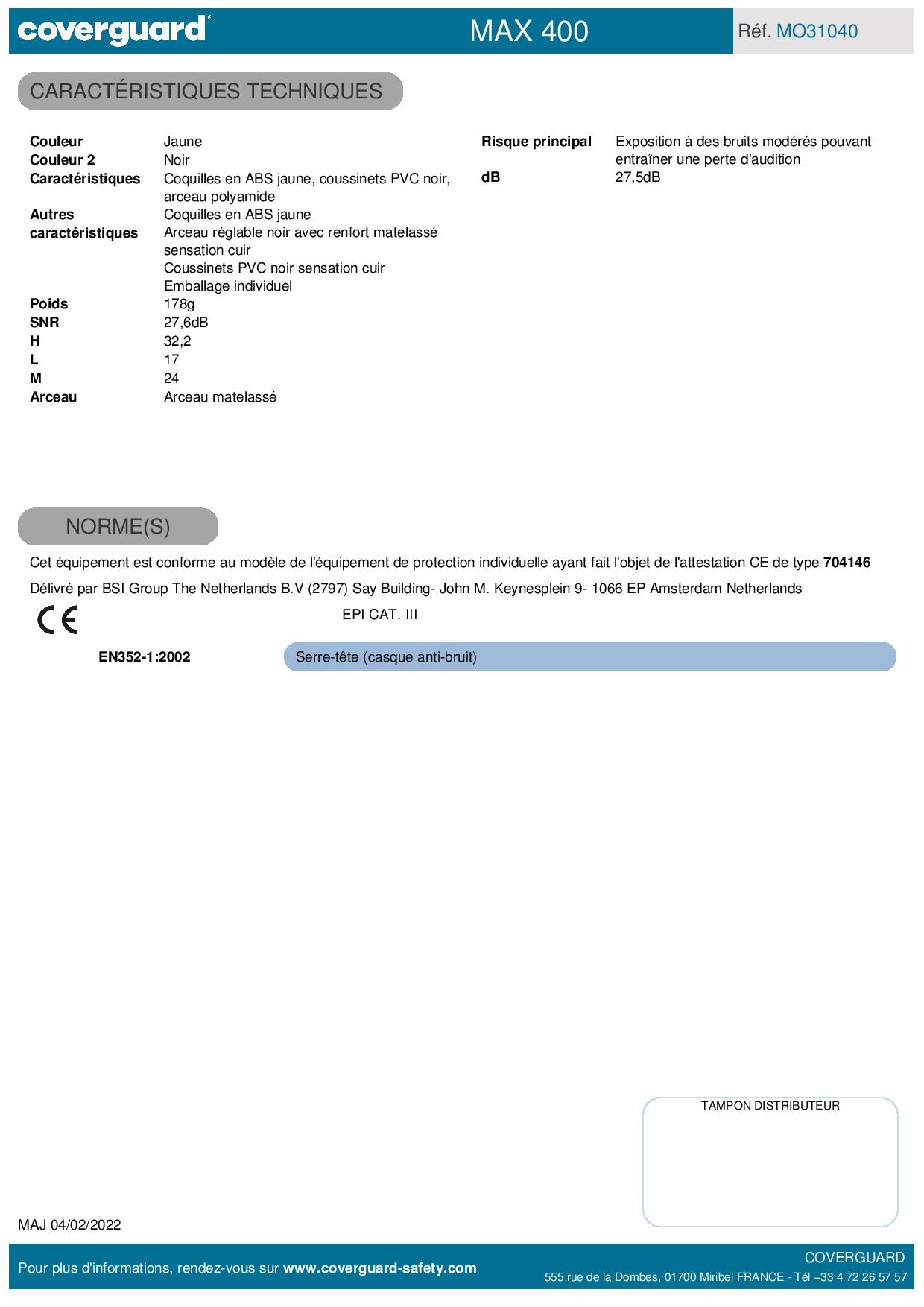 Casque anti-bruit jaune Max 400 27.5dB