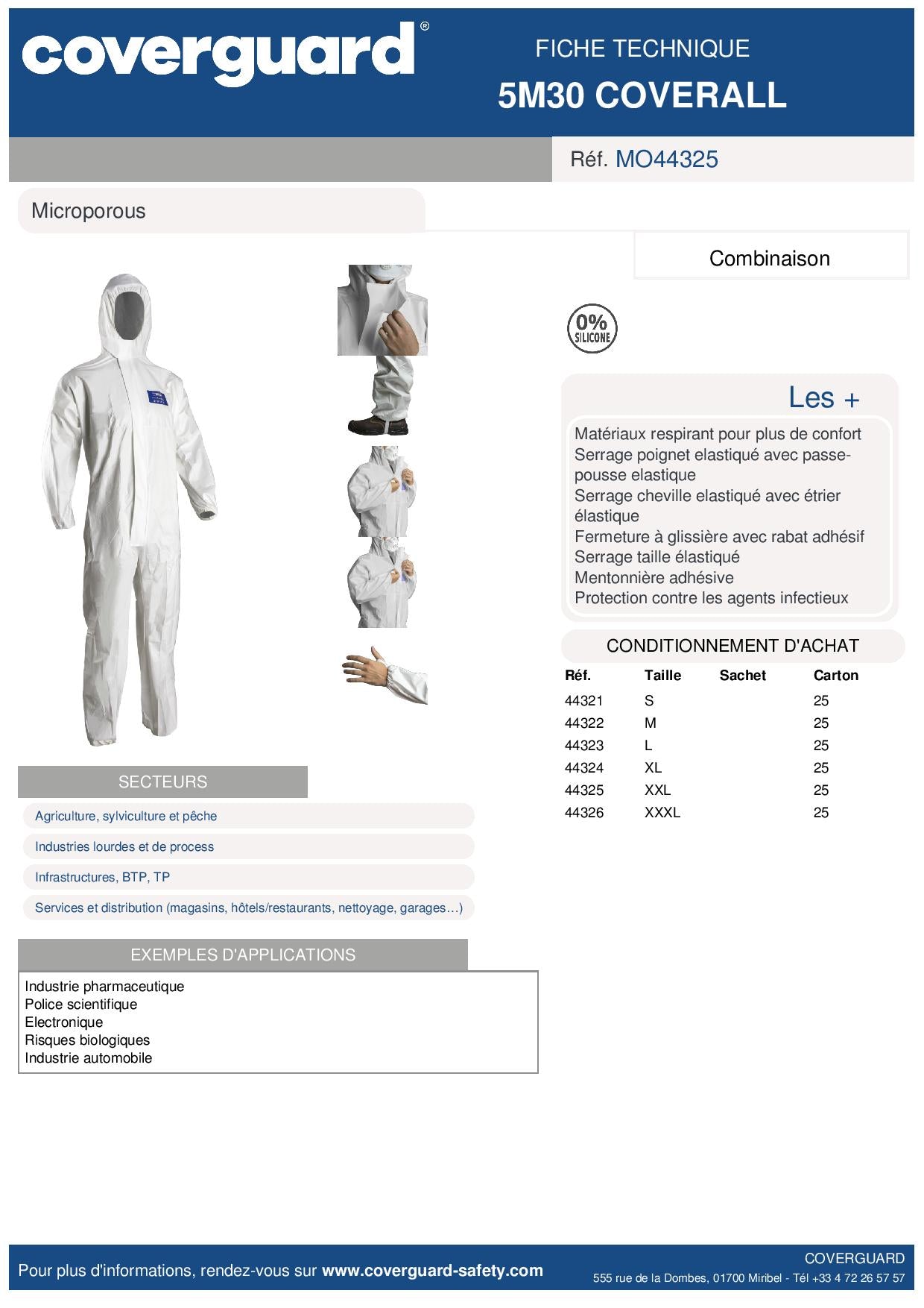 COMBINAISON MICROPOREUX COVERPRO 5M30, 65G/M2 AVEC CAPUCHE, TYPE 5&6 ,EN14126, BLANCHE