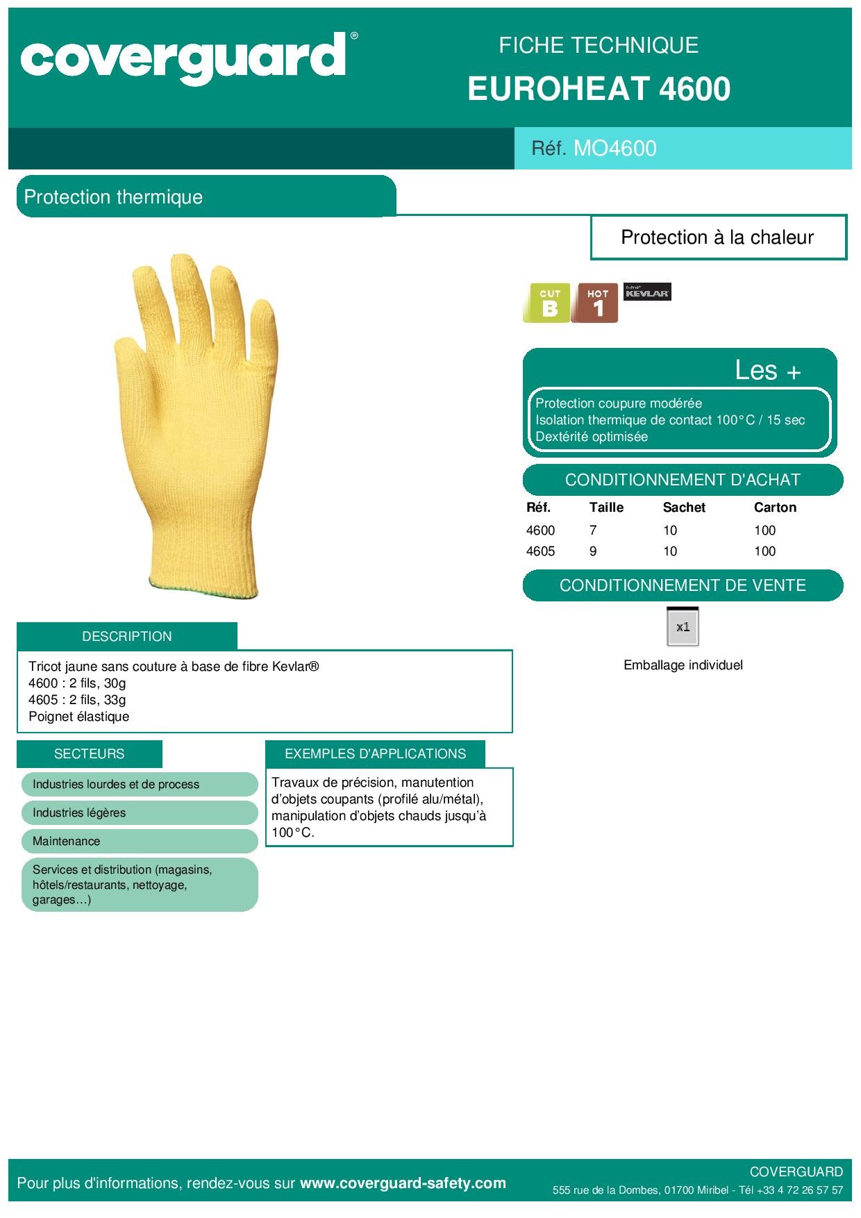4600 Gants KEVLAR tricoté léger, jauge 13, 30 gr Protection thermique