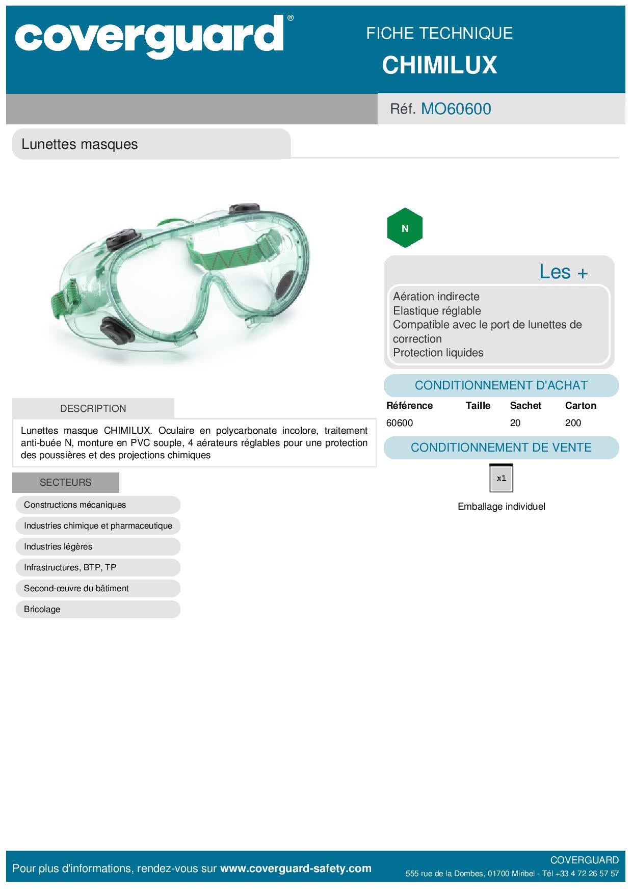 Lunettes CHIMILUX polycarb. incolore, anti buée