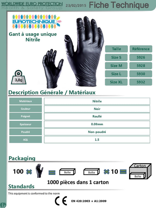 BOITE GANTS EURO-ONE 5928 T8/M NITRILE NOIR NON POUDRÉS