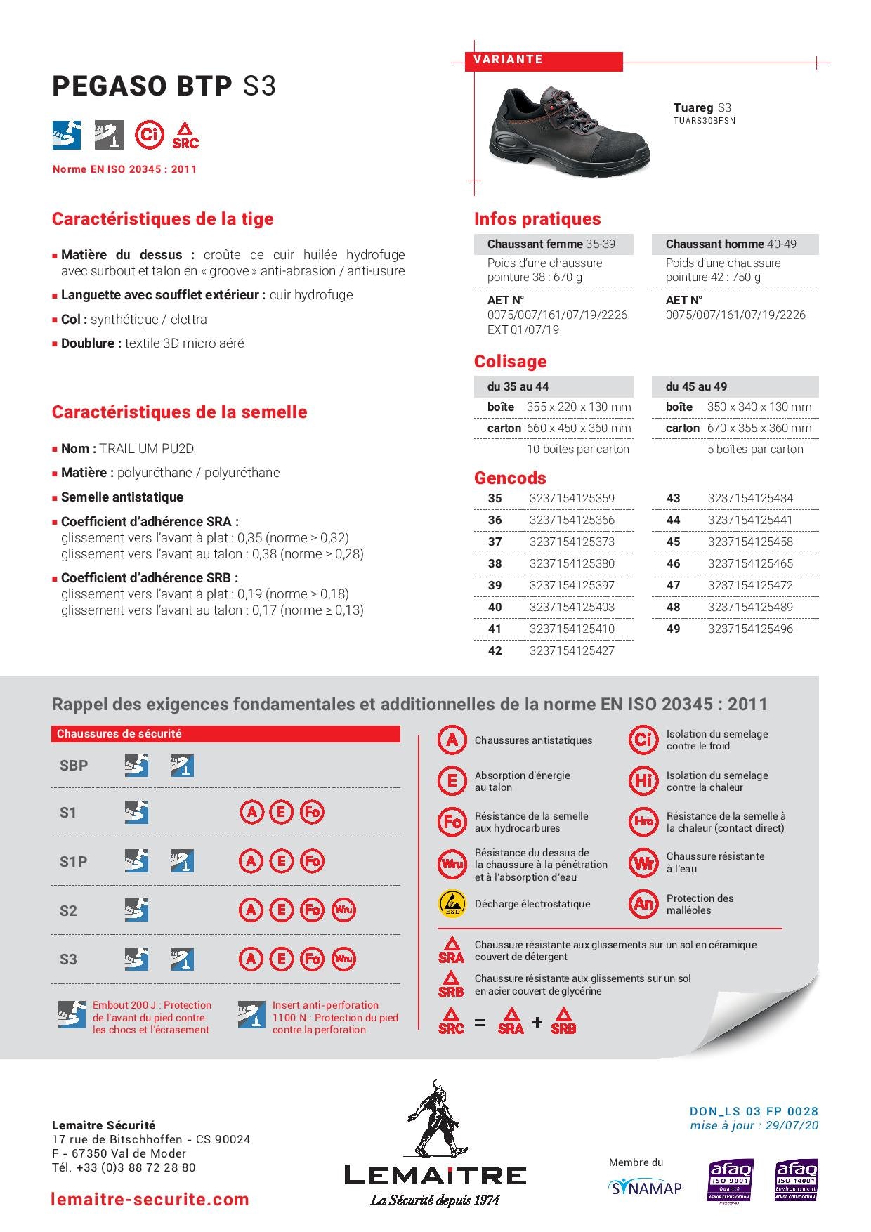 PEGASO BTP S3 CI SRC CHAUSSURE SECURITE HAUTE