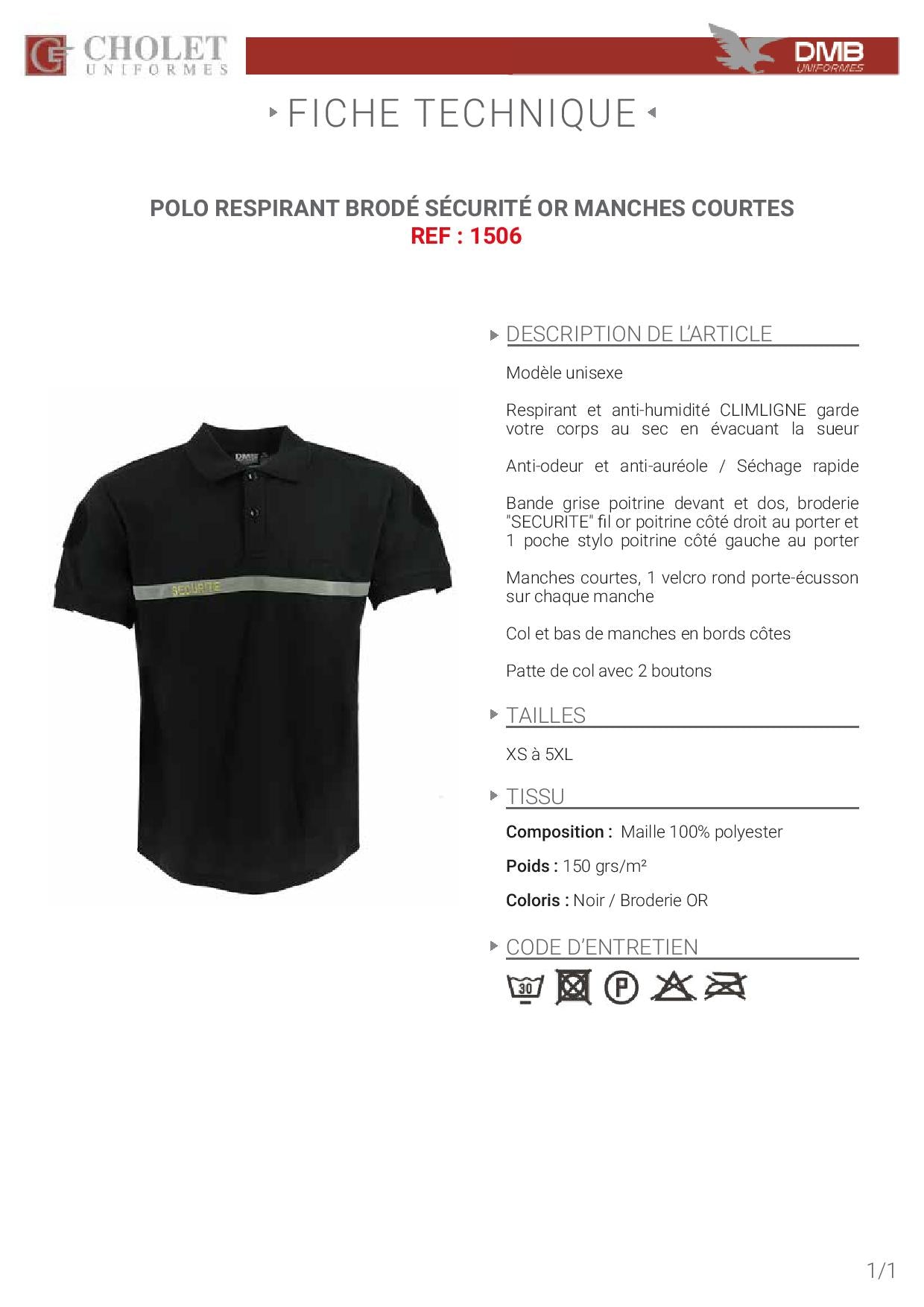 1506 POLO NOIR RESPIRANT SECURITE BANDE GRISE MARQUAGE OR MC