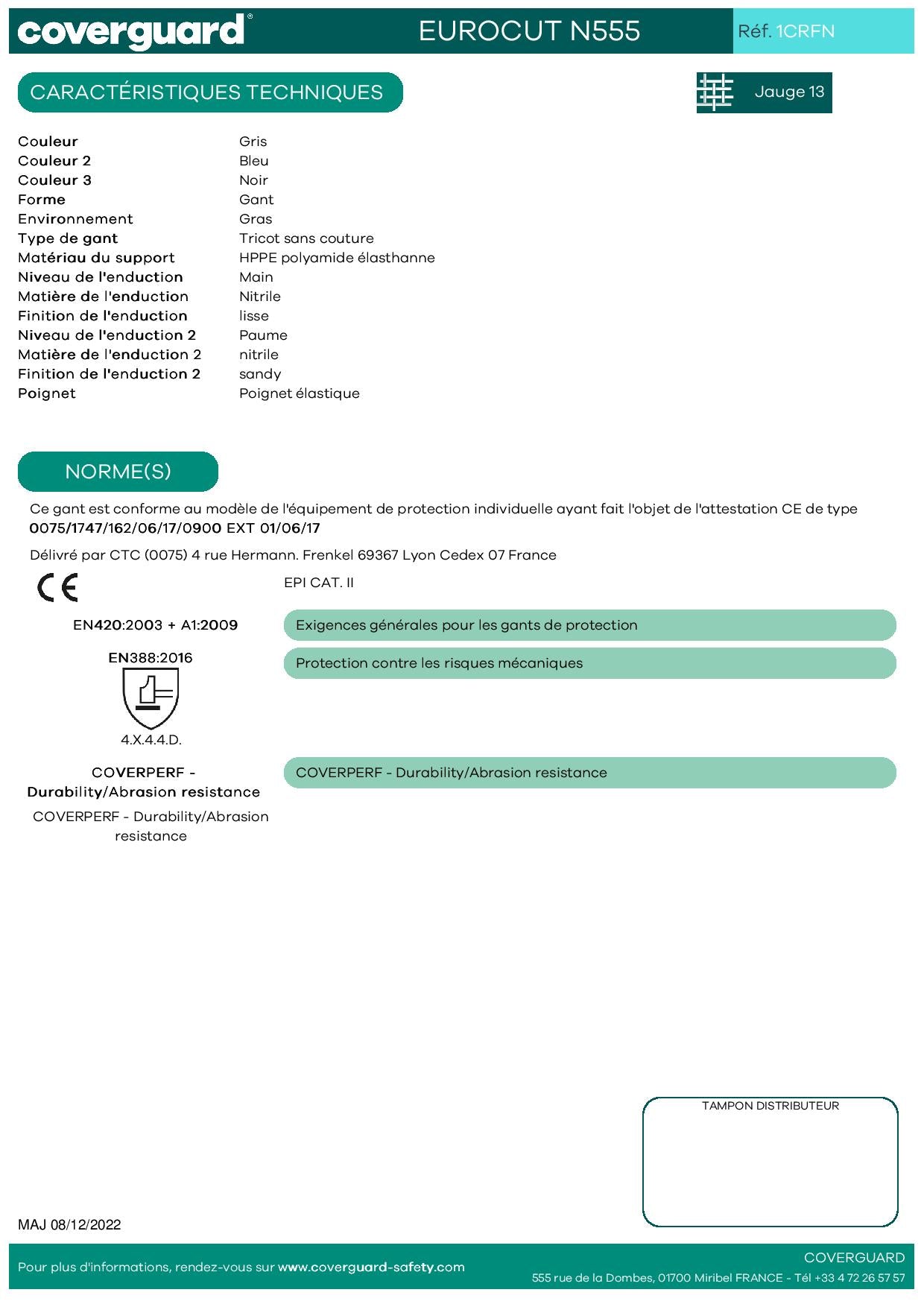 1CRFN Gant EUROCUT N555 HPPE cut 5 100% dble end. nitrile Coupure - Travaux de précision