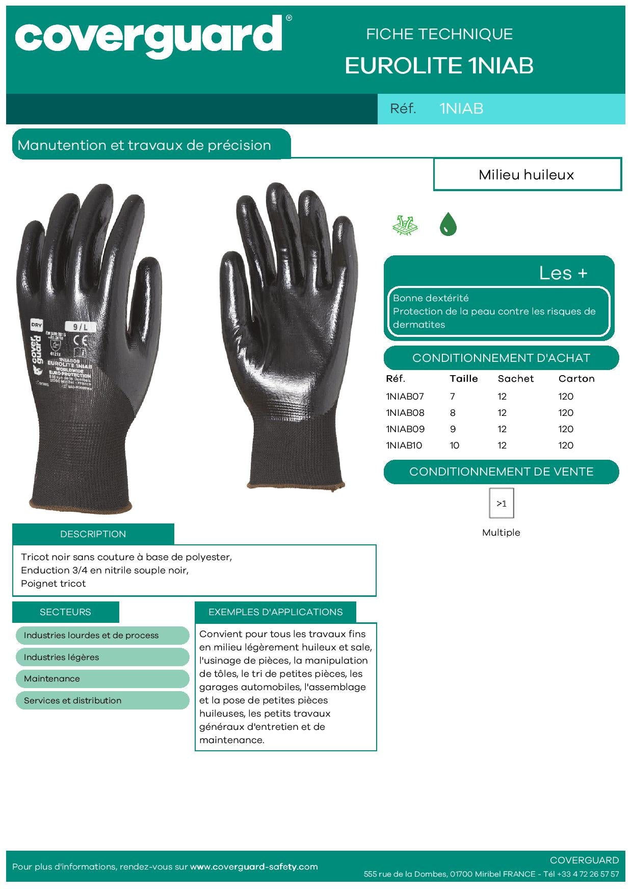 1NIAB Gants polyester noir jauge 13 enduit 3/4 nitrile noir T.09