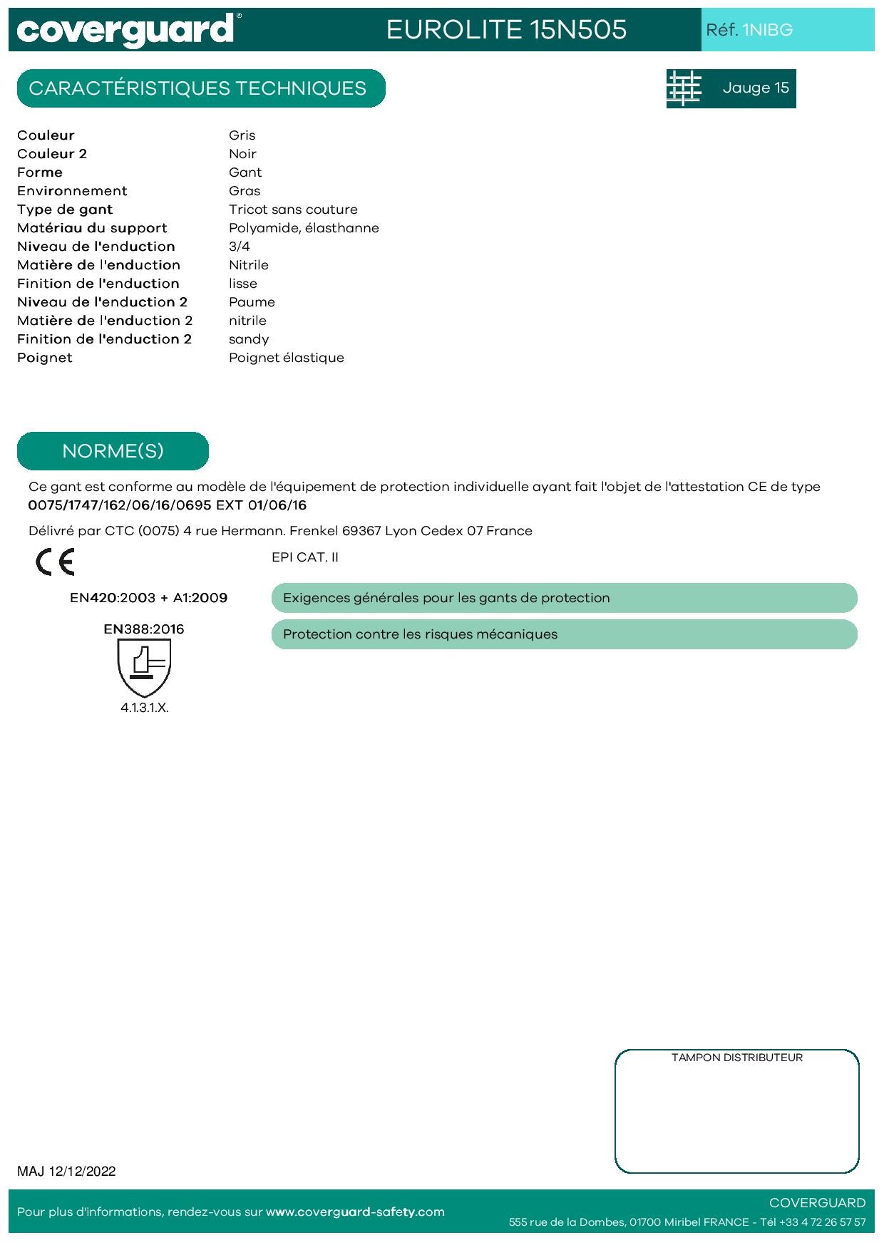 1NIBG Gant EUROGRIP 15N505 15G dble end. nit paume+3/4 dos  Manutention et travaux de précision