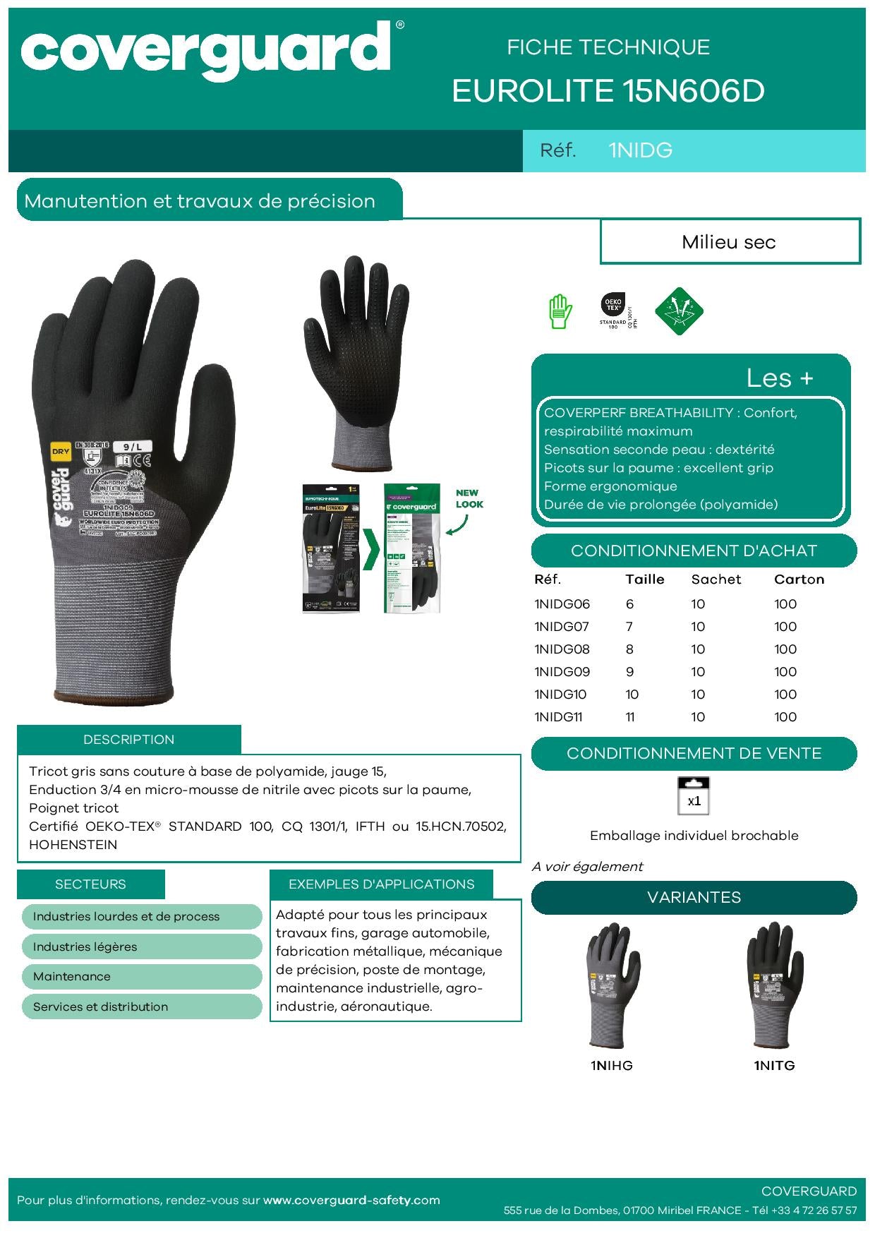 1NIDG Gant EUROLITE 15N5606D end nitrile paume + 3/4 dos+picots Manutention et travaux de précision