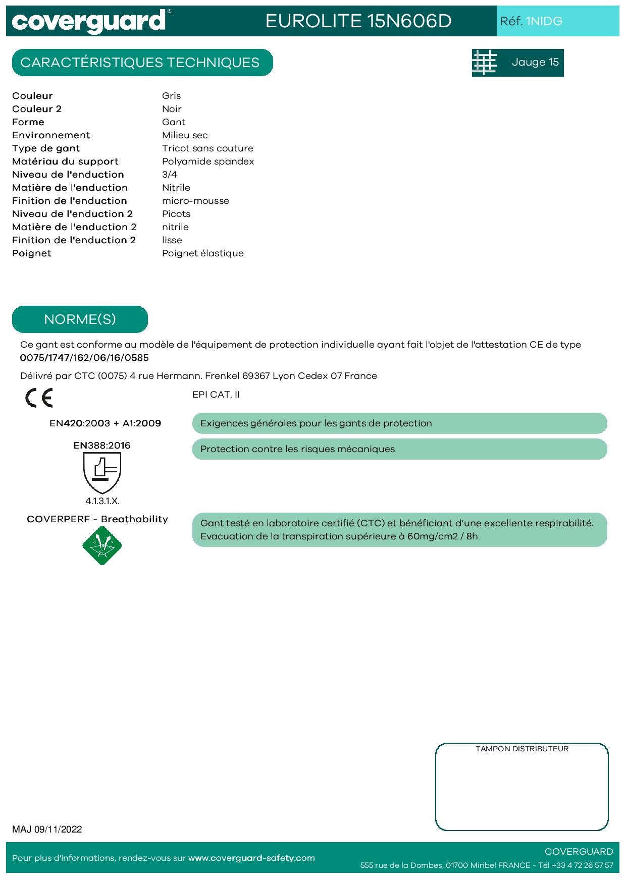 1NIDG Gant EUROLITE 15N5606D end nitrile paume + 3/4 dos+picots Manutention et travaux de précision