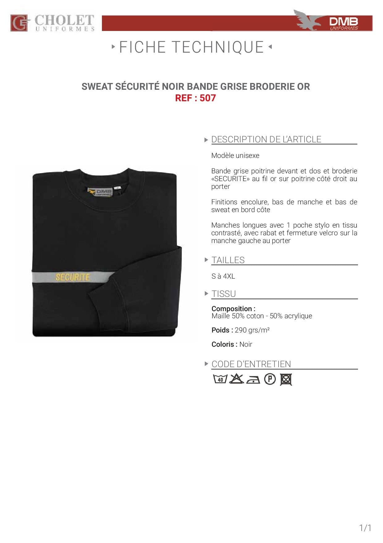 507 SWEAT SHIRT NOIR SECURITE GARDIENNAGE BANDE GRISE BRODE OR