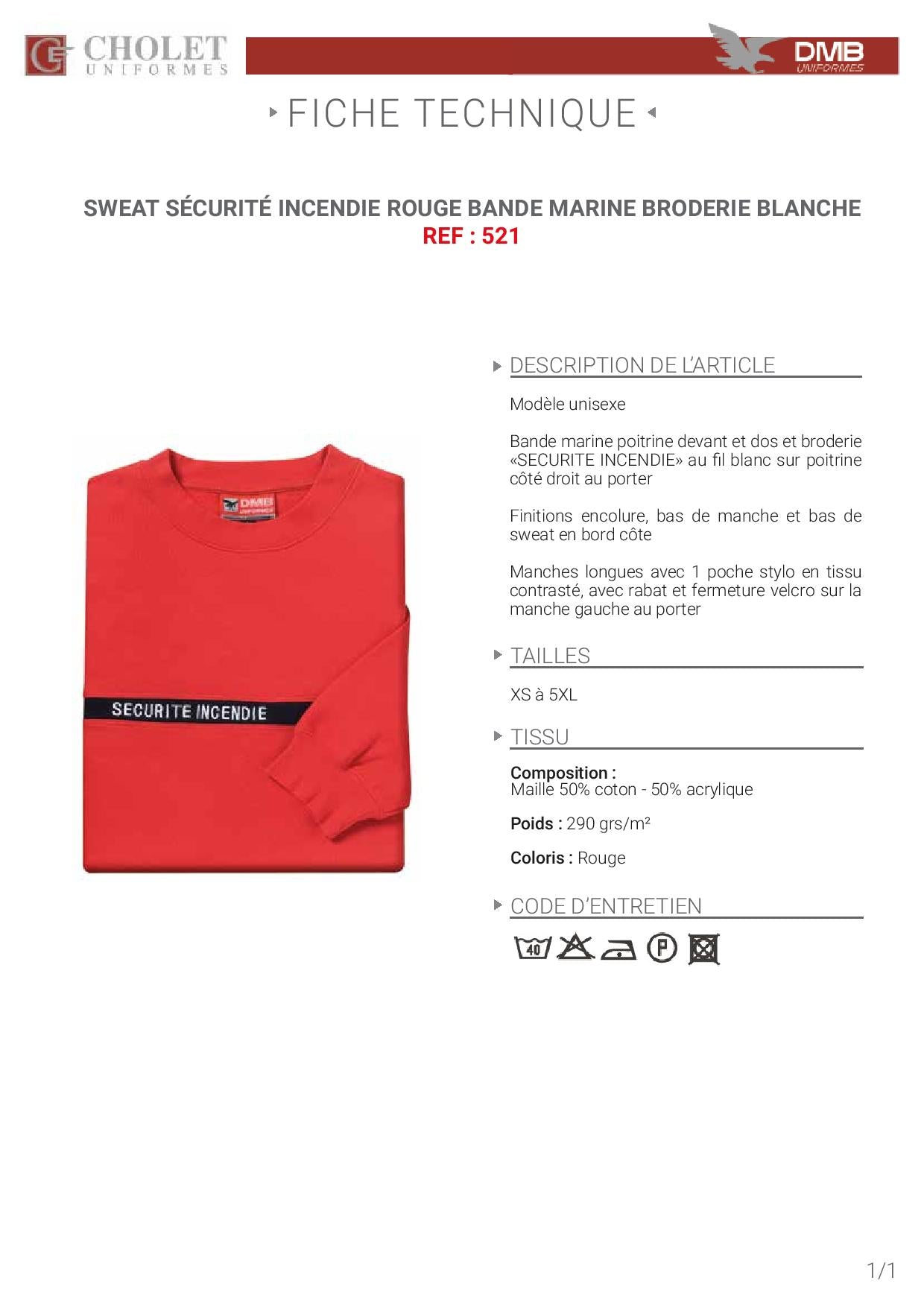 521 SWEAT SHIRT SECURITE INCENDIE ROUGE