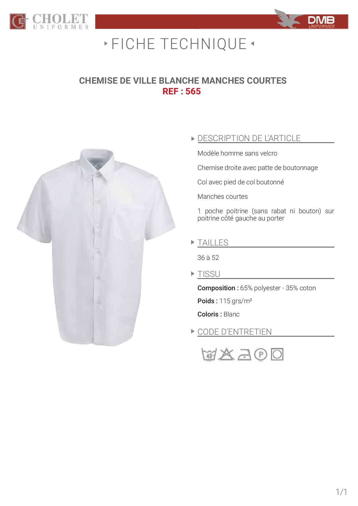 565 CHEMISE VILLE BLANCHE 115G MC