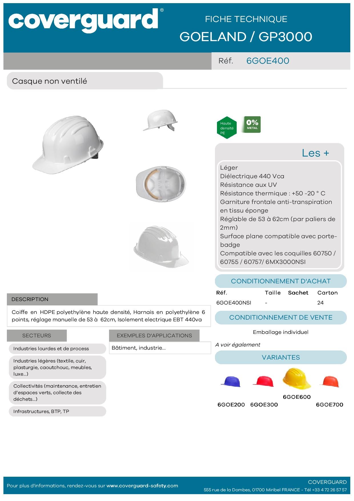6GOE400 CASQUE DE SECURITE GOELAND HDPE BLANC