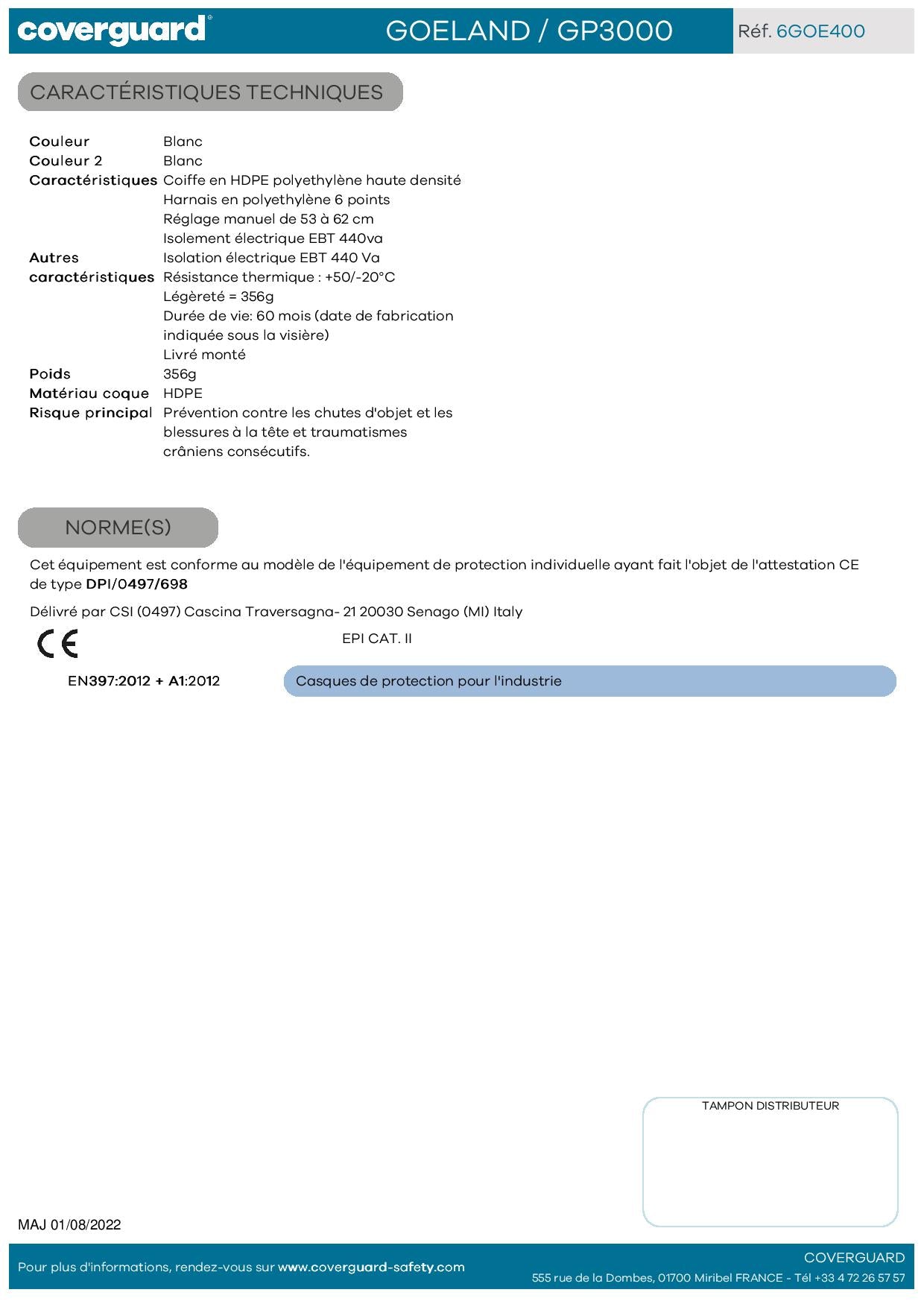 6GOE400 CASQUE DE SECURITE GOELAND HDPE BLANC