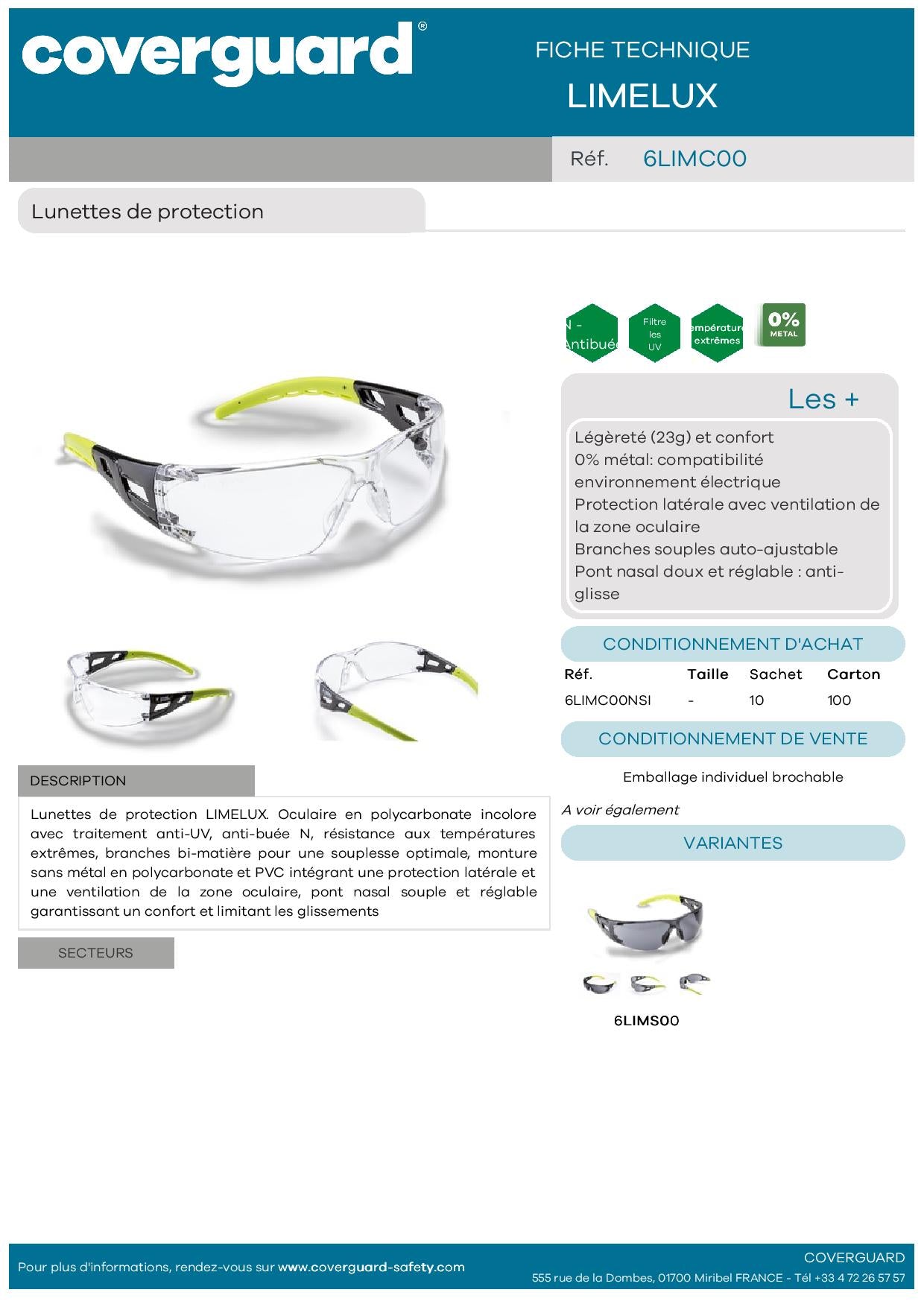 LUNETTE SECURITE LIMELUX INCOLORE