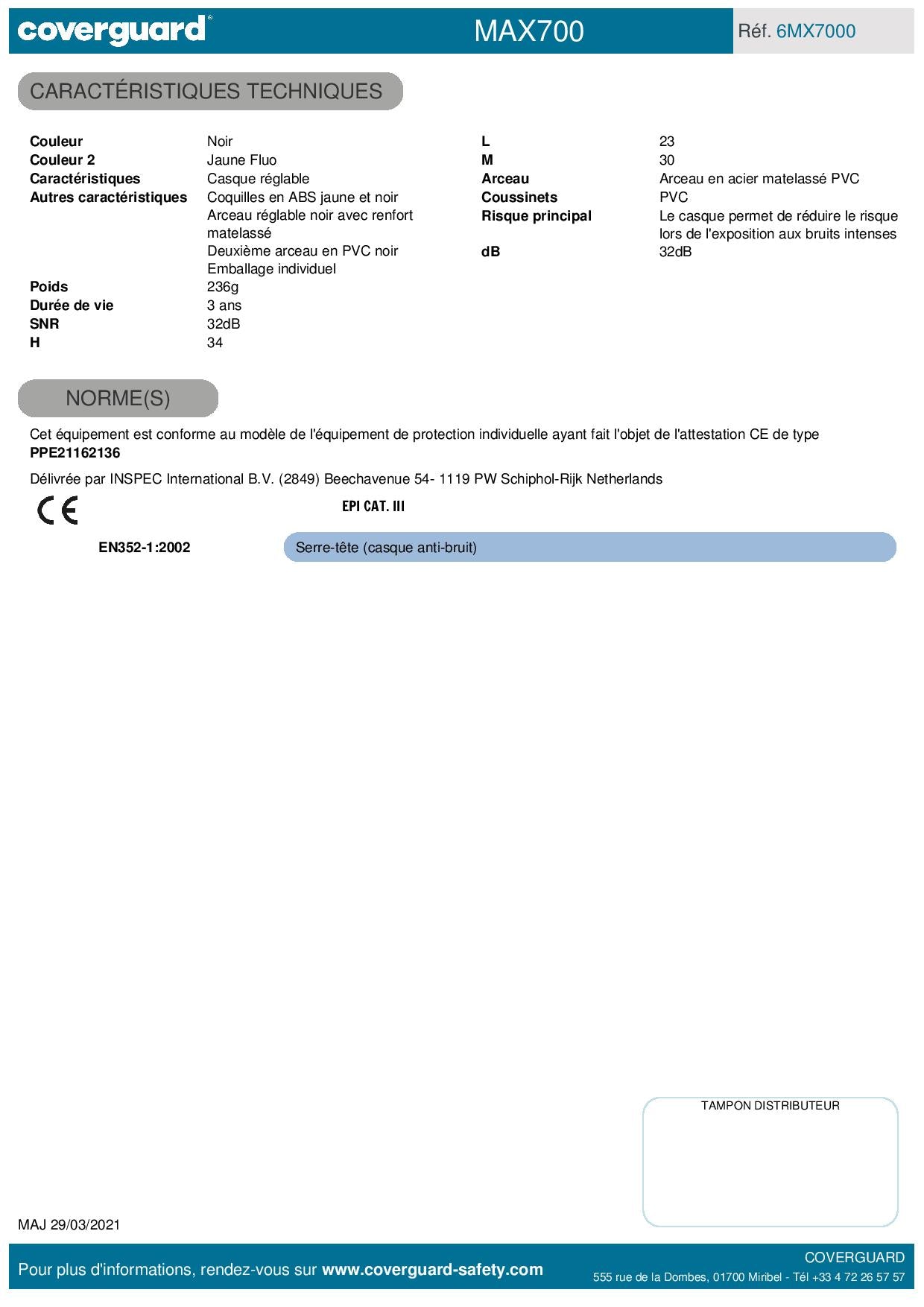 CASQUE ANTI BRUIT MX700 COMPATIBLE CASQUE SECURITE 32DB