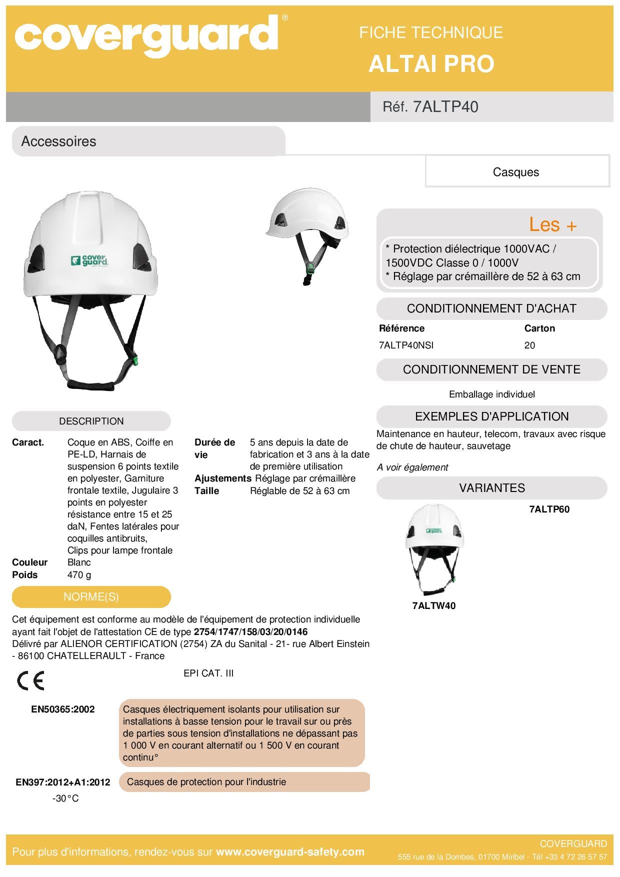 7ALTP40 CASQUE DE TRAVAIL EN HAUTEUR ALTAI PRO BLANC, ELECTRICIEN 1000V