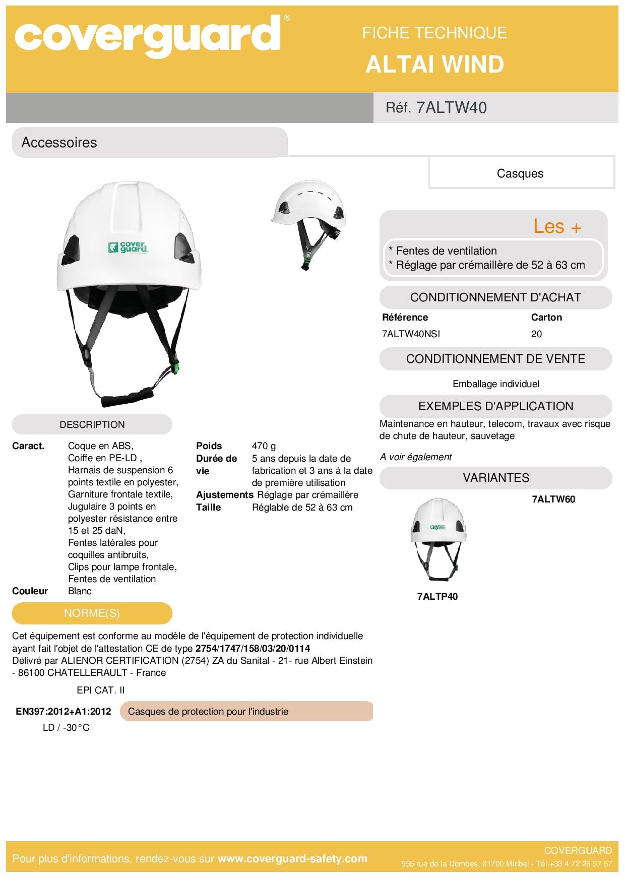 7ALTW40 Casque de travail en hauteur ALTAI WIND, blanc