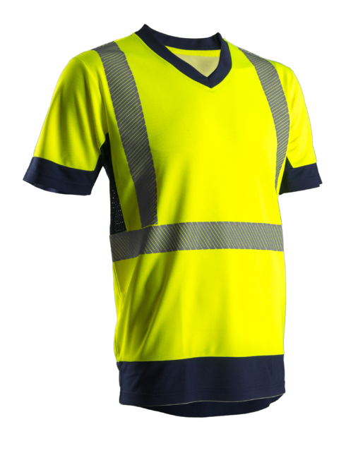TEE -SHIRT MANCHES COURTES HV 100 % POLYESTER JAUNE FLUO HV/MARINE