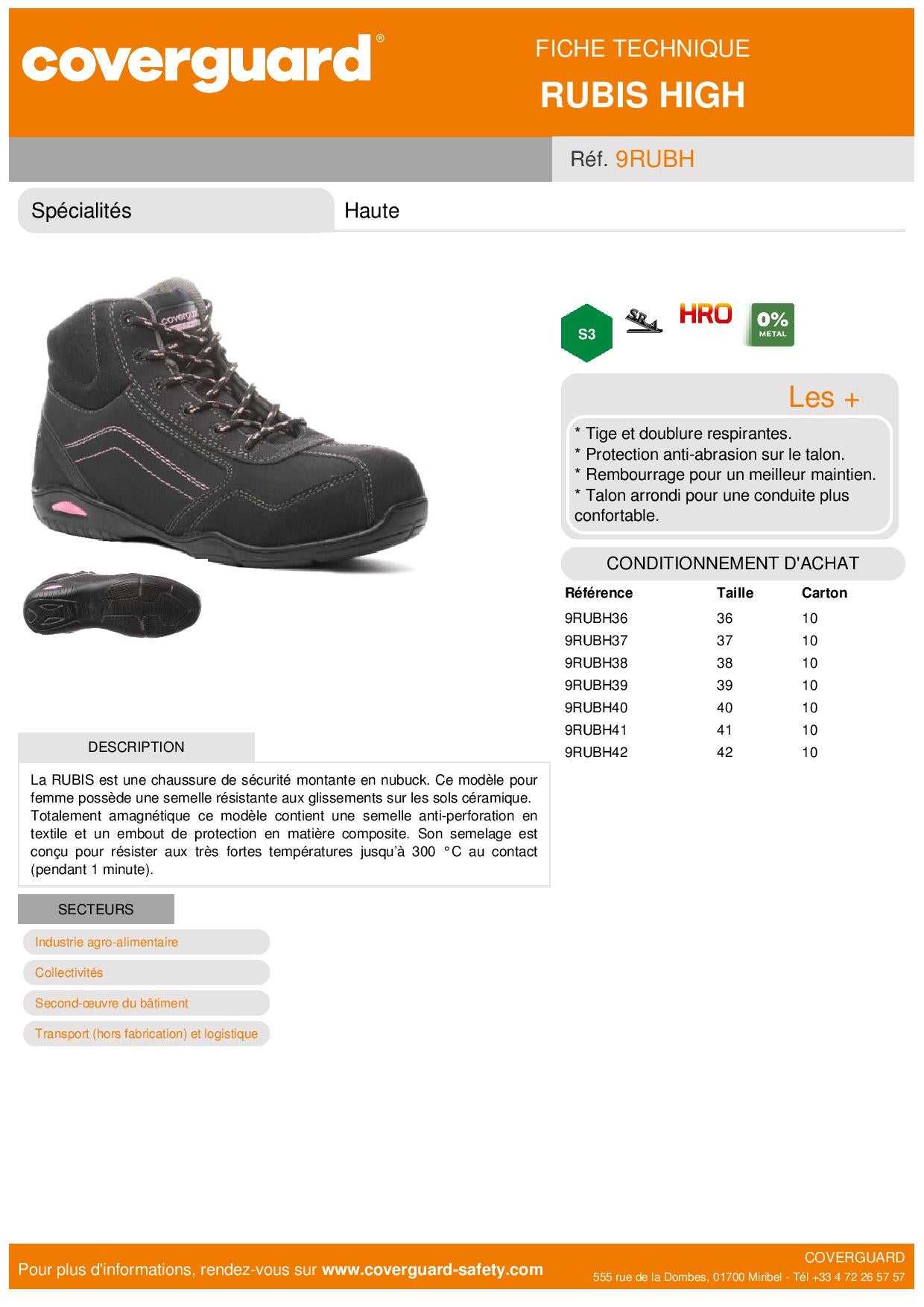 RUBIS S3 HRO SRA CHAUSSURE SECURITE HAUTE FEMME