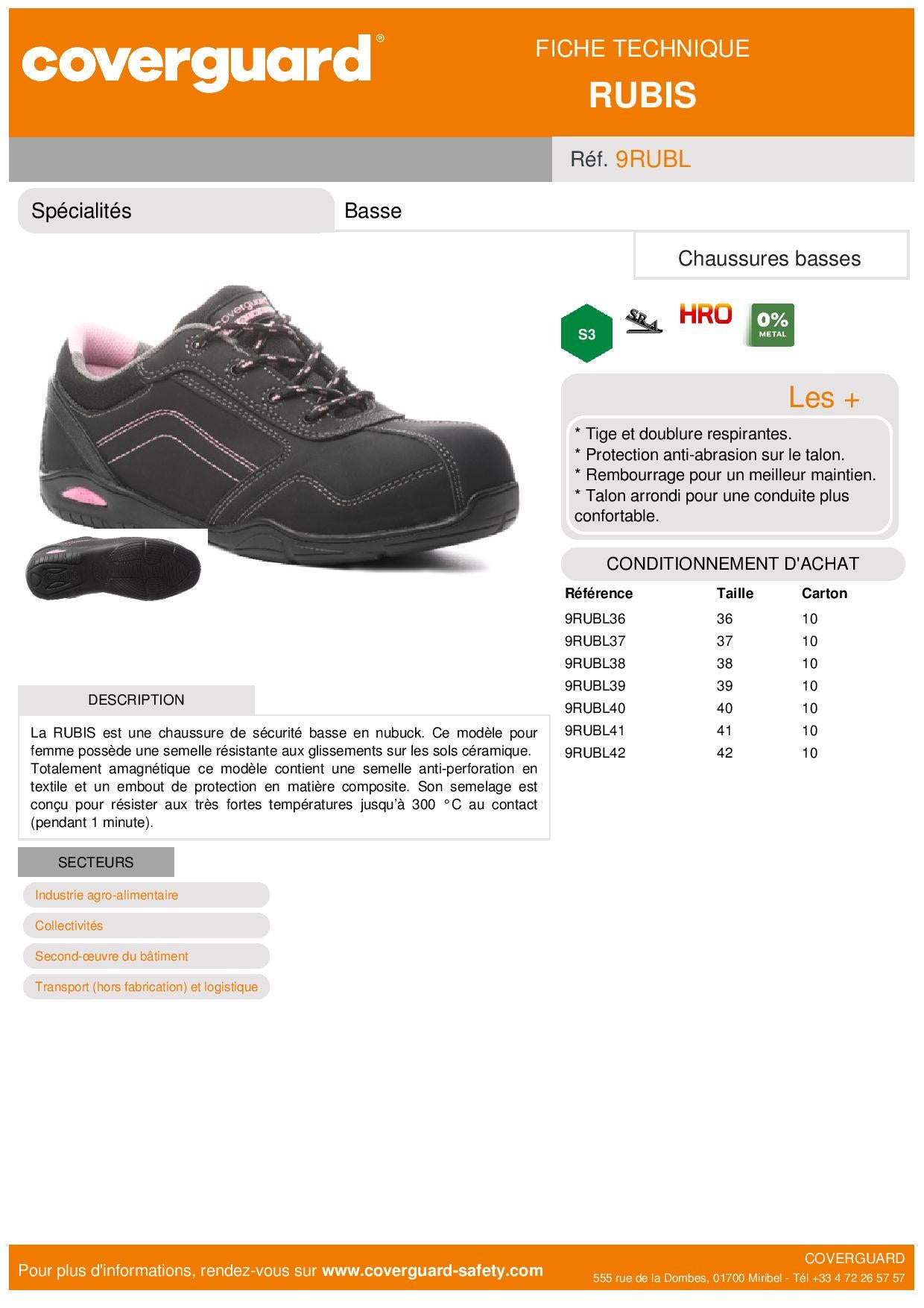 RUBIS S3 HRO SRA CHAUSSURE SECURITE BASSE FEMME