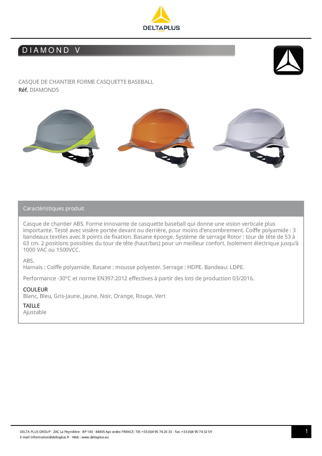 DIAMOND V CASQUE DE CHANTIER FORME CASQUETTE BASEBALL