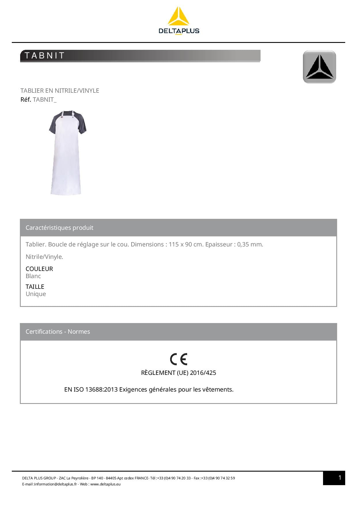 TABNIT_ Tablier NITRILE/VINYLE Boucle de réglage sur le cou. Dimensions : 115 x 90 cm. Epaisseur : 0,35 mm