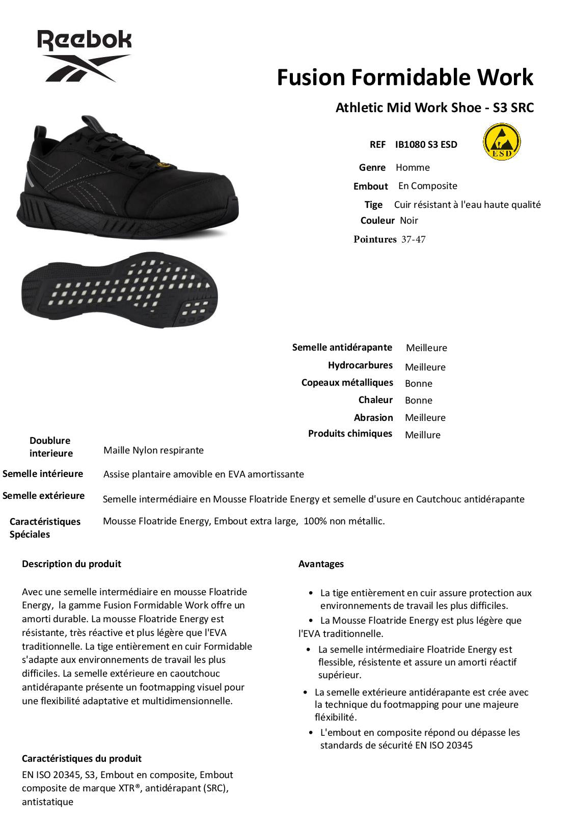 IB1080 S3 ESD CHAUSSURE SECURITE BASSE REEBOK