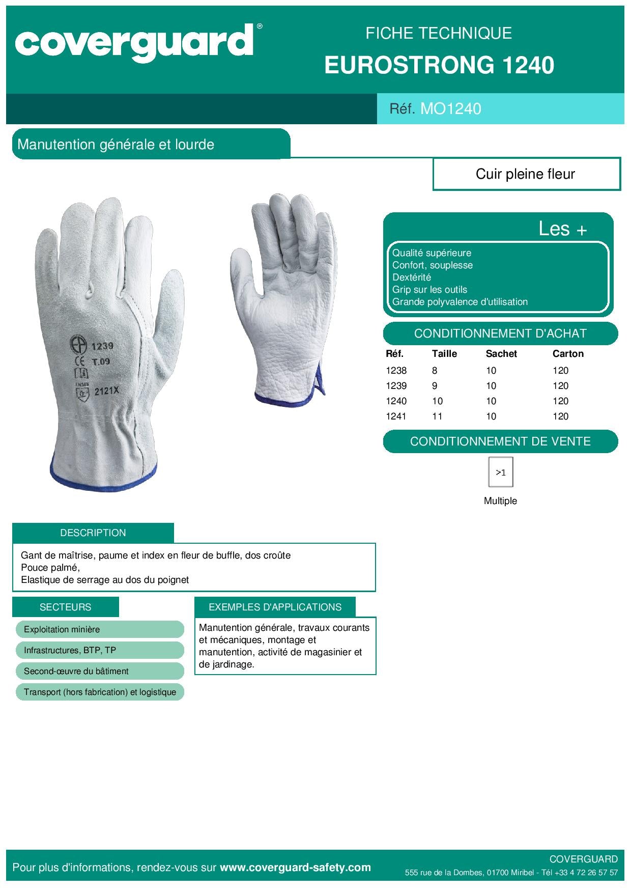 1240 Gants fleur standard, dos croûte Manutention générale et lourde