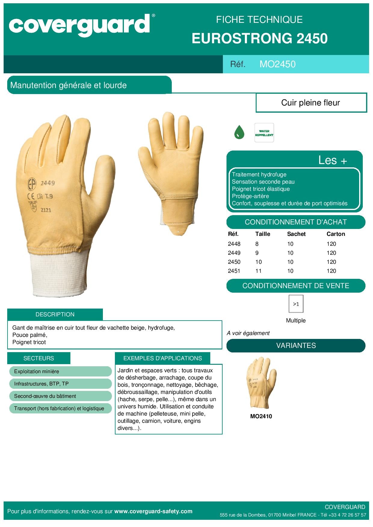 2450 Gants fleur vachette hydrofuge beige, protège artère  Manutention générale et lourde