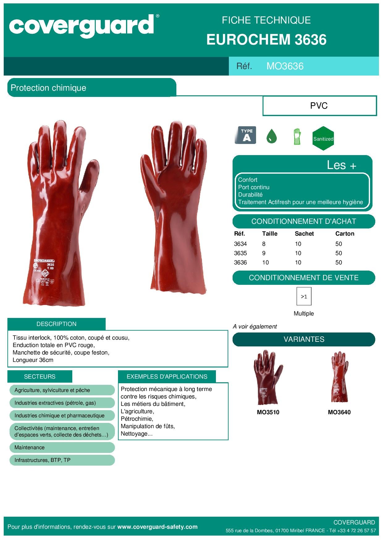 3636 Gants PVC rouge enduit 35 cm Actifresh Protection chimique