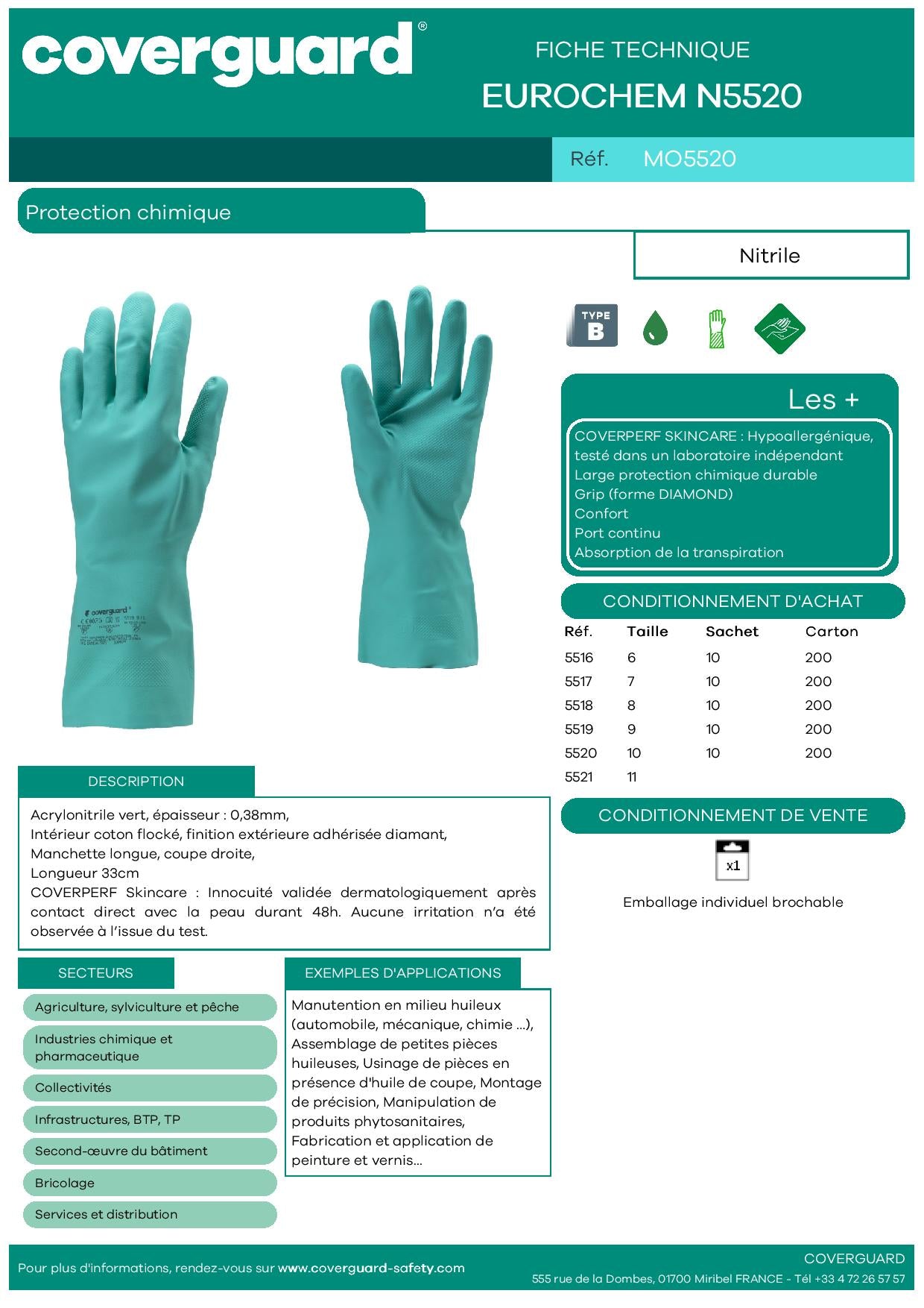 5520 Gants Nitrile 5520 vert, ép 0,38 mm  Protection chimique