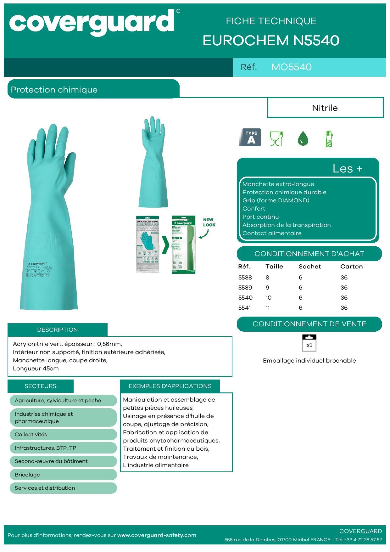 5540 GANT NITRILE LONGUE VERT  45 CM Protection chimique