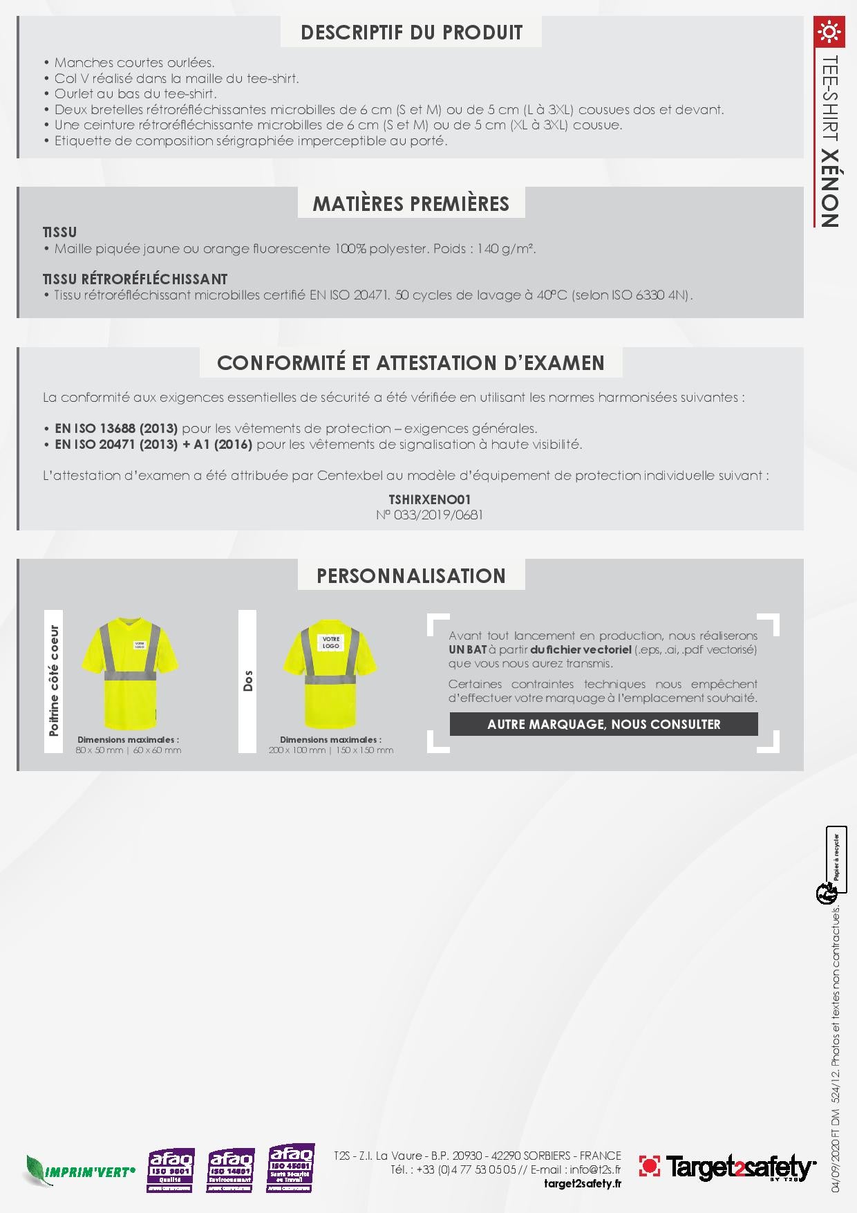 XENON TEE-SHIRT HV JAUNE  MANCHES COURTES